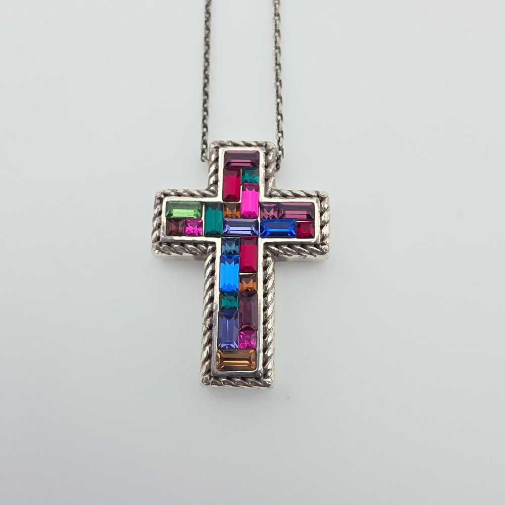 BRIGHTON 'St. Michel Mosaic' Cross Necklace Multicolor Crystal Silver Plated 19"